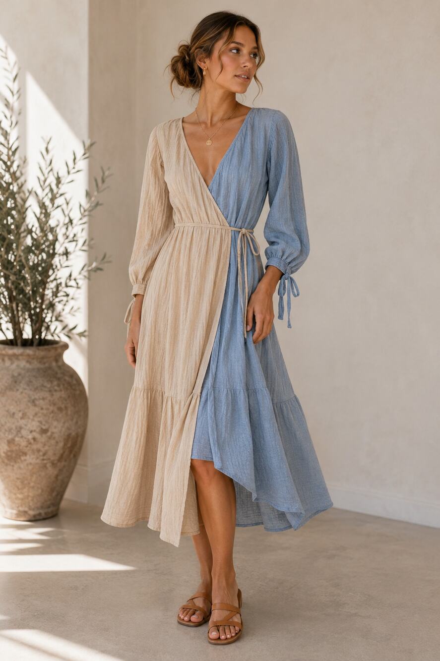 Et Tiger Beige Blue Cotton Wrap Dress Womens L Boho Peasant Casual Quiet Luxury
